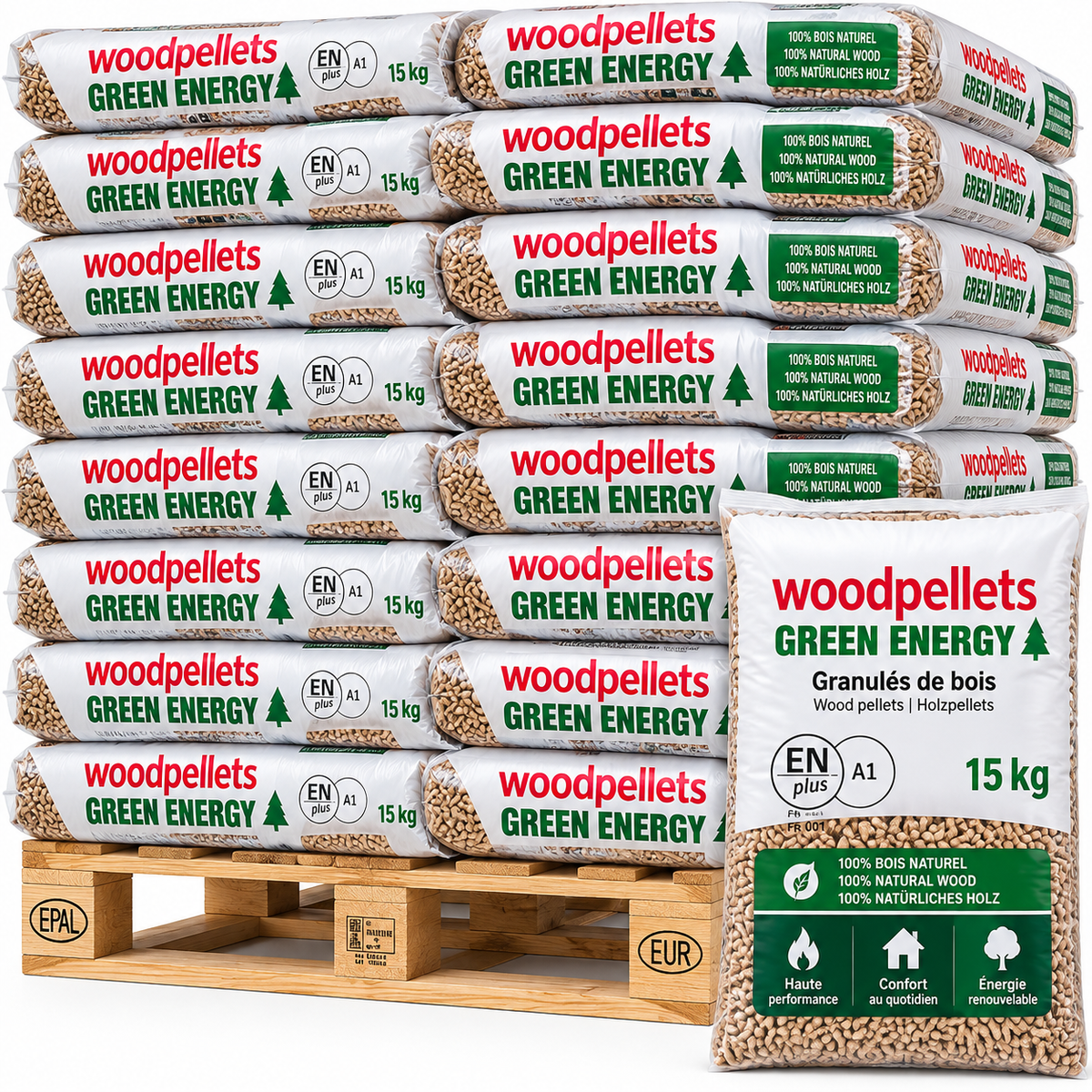 Pellets Green Energy DINplus — 65 Sacs de 15 KG