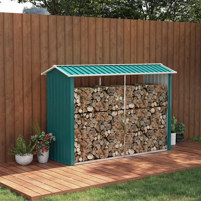 Abri à bois avec structure en acier galvanisé et base surélevée, 240 x 86 x 160 cm, vert