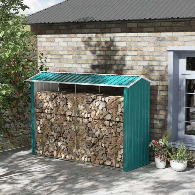 Abri à bois avec structure en acier galvanisé et base surélevée, 240 x 86 x 160 cm, vert