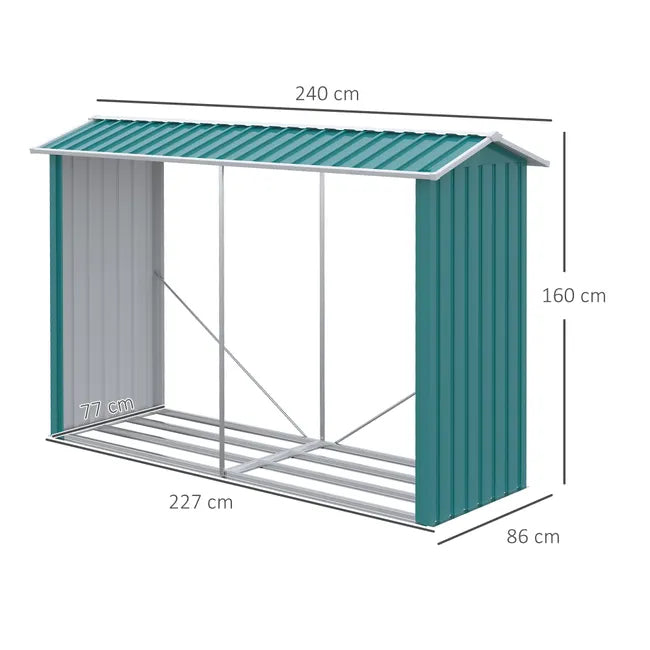 Abri à bois avec structure en acier galvanisé et base surélevée, 240 x 86 x 160 cm, vert
