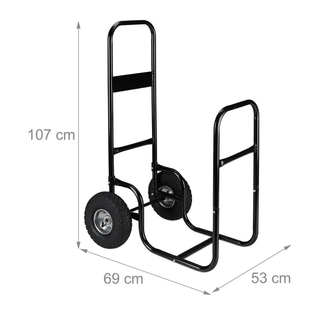 Chariot à bûches en acier, 107 x 53 x 69 cm, avec 2 pneus gonflables, jusqu'à 60 kg, transport et stockage, noir, Relaxdays