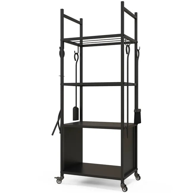Chariot range bûches intérieur, porte-bûches roulettes, 4 outils de cheminée, 4 étagères, métal, 45 x 30 x 118 cm, noir