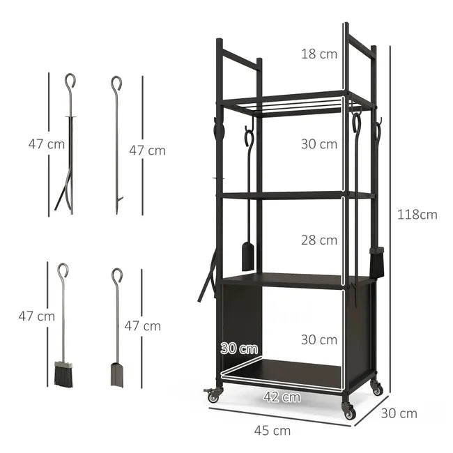 Chariot range bûches intérieur, porte-bûches roulettes, 4 outils de cheminée, 4 étagères, métal, 45 x 30 x 118 cm, noir