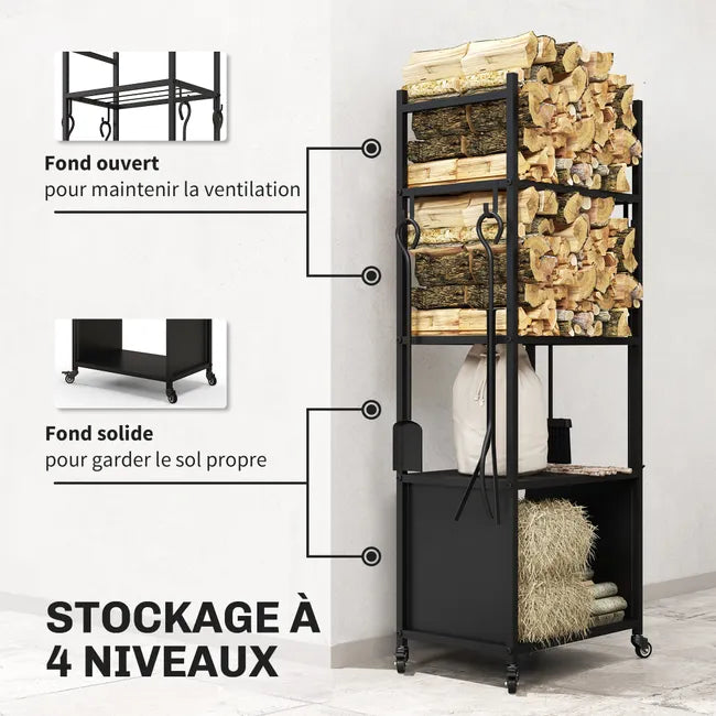 Chariot range bûches intérieur, porte-bûches roulettes, 4 outils de cheminée, 4 étagères, métal, 45 x 30 x 118 cm, noir