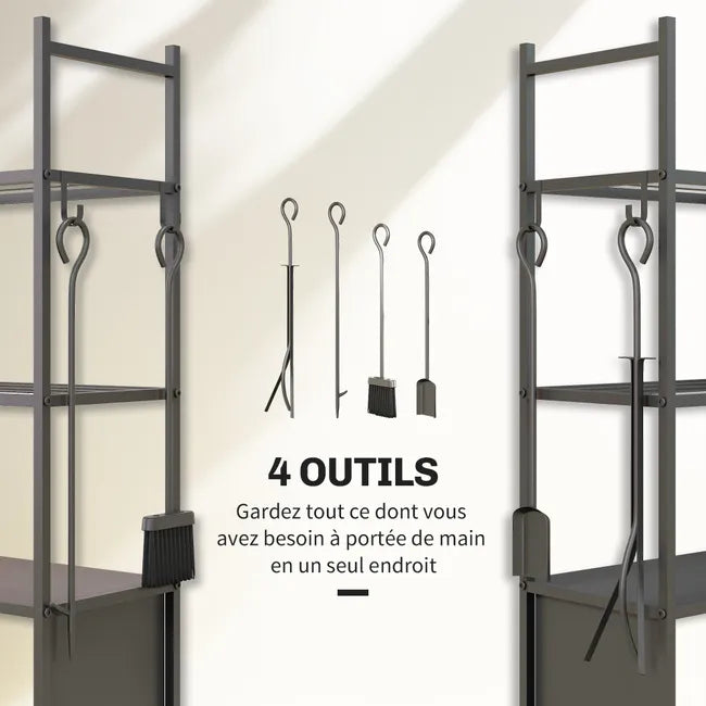 Chariot range bûches intérieur, porte-bûches roulettes, 4 outils de cheminée, 4 étagères, métal, 45 x 30 x 118 cm, noir